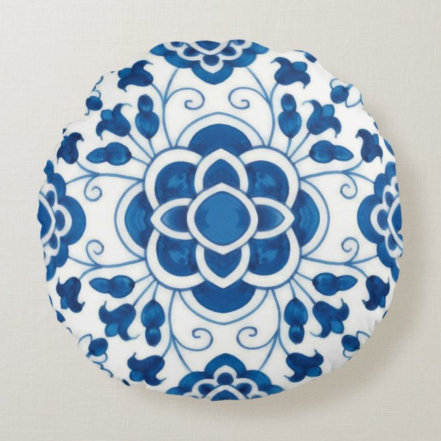  Portugees blauw Azulejos Tile Pattern Rond Kussen (Voorkant)