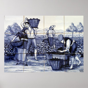 Portugees blauw Tegel Poster Grape Harvest :Azulej