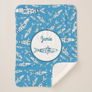 Portugees Lissabon Sardines Pattern Azulejos Blue Sherpa Deken