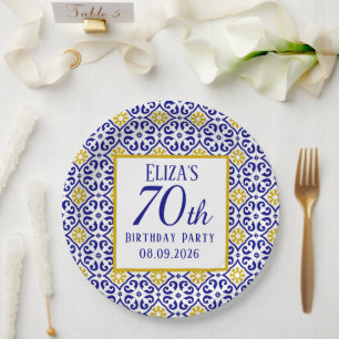Portugees Tegels Blauw 70e Verjaardag Mediterraan Papieren Bordje