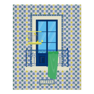 Portugees tegels en raam balkon met vogel perfect poster