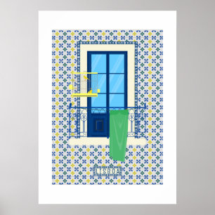 Portugees tegels en raam balkon met vogel poster