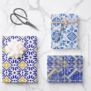 Portugees Tegels Mediterraan Blauw Bloemen Inpakpapier Vel