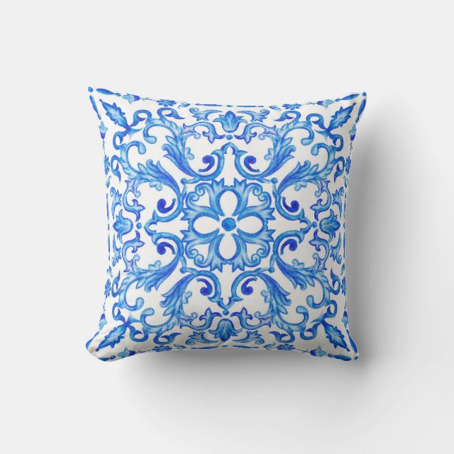 Portugees Tile Scroll Pillow Blue Kussen (Voorkant)