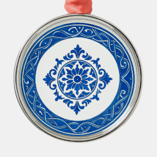 Portugese Azulejo Kerstornament – Blauwe Tegel Metalen Ornament