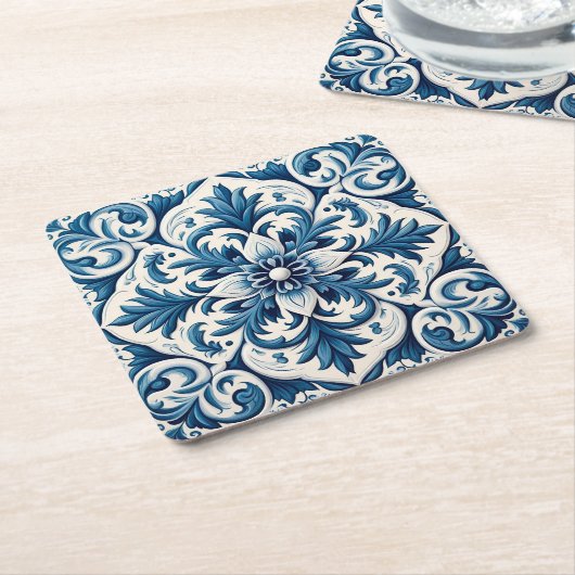 Portugese blauwe tegel vierkante kartonnen onderzetter (Schuin)