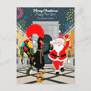 Portugese haan en kerstman toast op het nieuwe jaa briefkaart