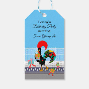 Portugese Haan met geschenken 1e Verjaardagsfeest Cadeaulabel