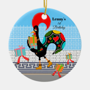 Portugese Haan met geschenken 1e Verjaardagsfeest Keramisch Ornament
