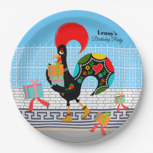 Portugese Haan met geschenken 1e Verjaardagsfeest Papieren Bordje