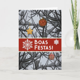 Portugese Kerstversiering op Besneeuwde Takken Feestdagen Kaart
