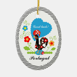 Portugese rooster met zwarte haarstaartstippen keramisch ornament