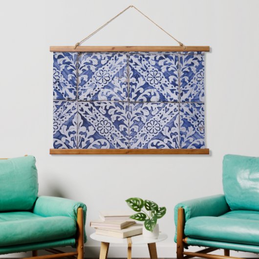 Portugese tegels - Azulejo Blue en White Floral Hangend Wandkleed (Woonkamer)