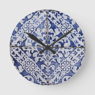 Portugese tegels - Azulejo Blue en White Floral Ronde Klok