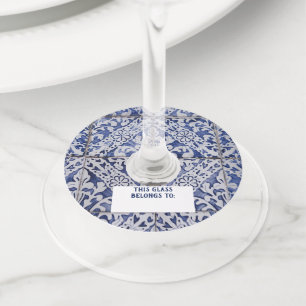 Portugese tegels - Azulejo Blue en White Floral Wijnglaslabel