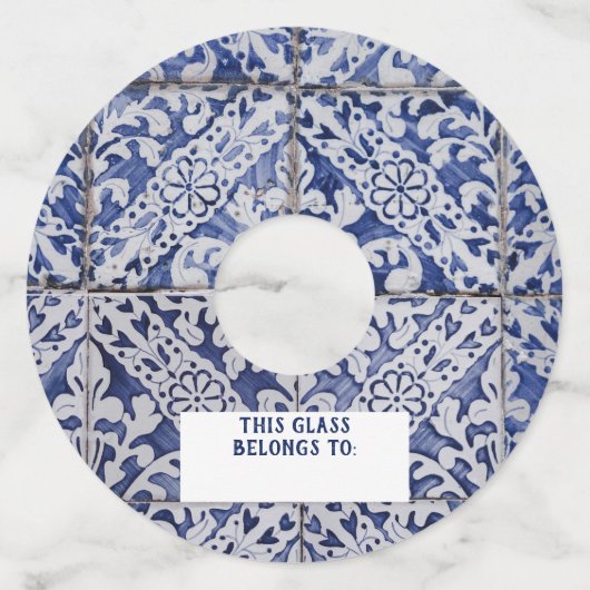 Portugese tegels - Azulejo Blue en White Floral Wijnglaslabel (Achterkant)