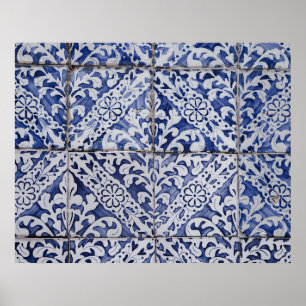 Portugese Tegelwerk - Azulejo Blauw en Wit Bloemmo Poster