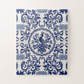 Portuguese Azulejo Peacock Puzzle – Blue & White T (Vertical)
