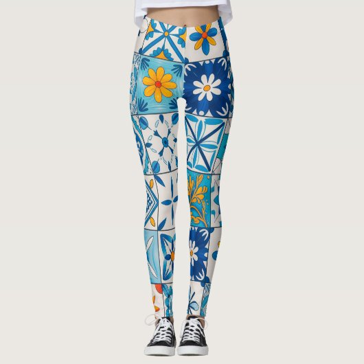 Portuguese Azulejo Tile Leggings – Blue & Yellow M (Devant)