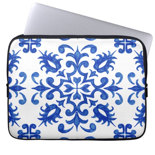 Portuguese Blue Tile central round medallion Laptop Sleeve (Voorkant)