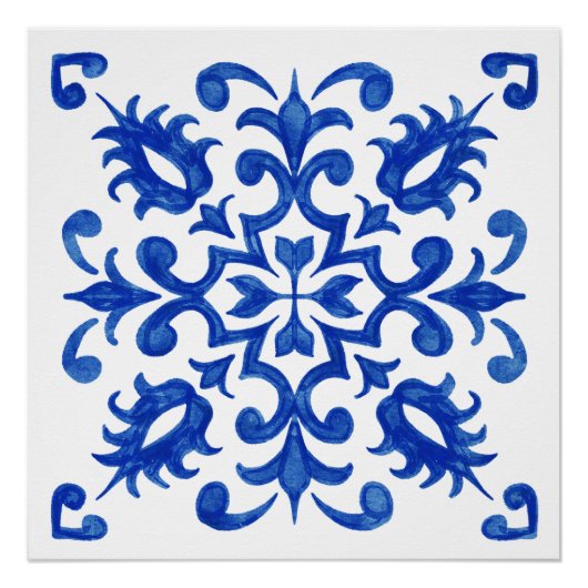 Portuguese Blue Tile central round medallion Perfect Poster (Voorkant)