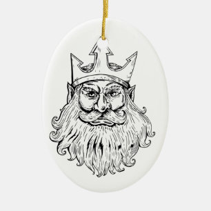Poseidon Wearing Trident Crown Woodcut Keramisch Ornament