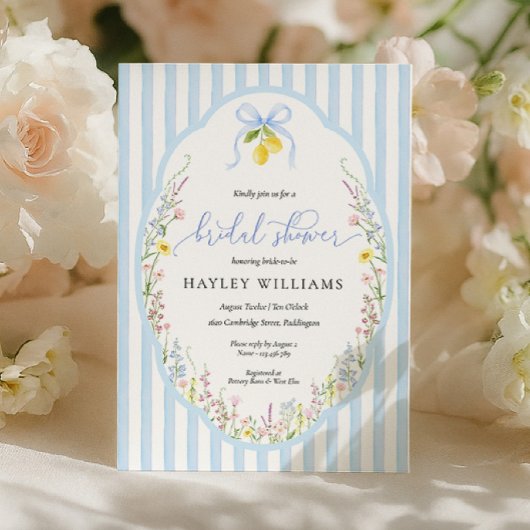 Posey Wildflower Blue Bow Bridal Shower Invitation Kaart