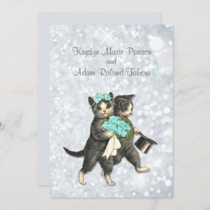 Posh Cats Aqua - Silver Sparkle Wedding Invitation Kaart