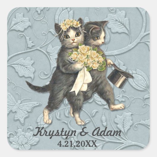 Posh Cats Wedding Blue Vierkante Sticker (Voorkant)
