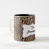 Posh chique trendy luipaard print, paarse geperson tweekleurige koffiemok (Voorkant links)