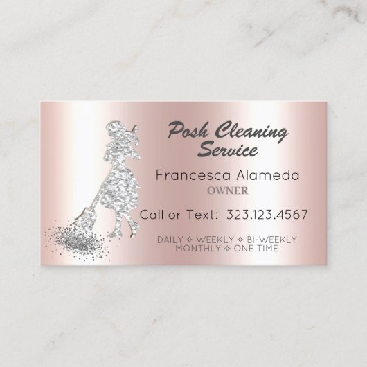 Posh Cleaning Service Roze Metallic Silver Glitter Visitekaartje (Voorkant)
