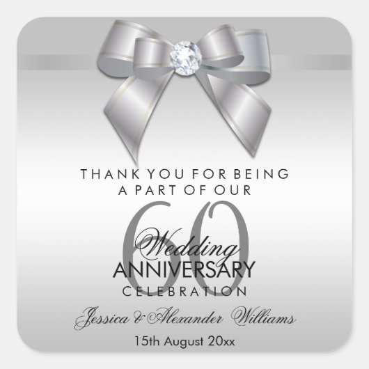 Posh Gem Bow & Ribbon 60th Wedding Jubileum Vierkante Sticker (Voorkant)