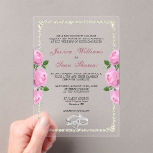 Posh ingelijst diamanten ringen & roze rozen bruil acryl uitnodigingen