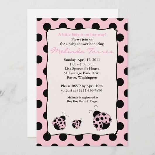 Posh Mod Ladybug 5x7 Baby shower rose Invitation (Devant / Derrière)