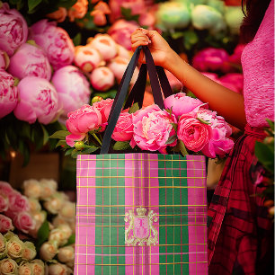 Posh Monogrammed Roze en Groen Plaid Canvas tas