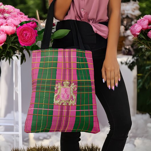 Posh Monogrammed Roze en Groen Plaid Canvas tas