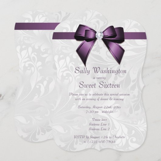 Posh Paarse Diamond Bow & Damask Sweet 16 Kaart (Voorkant / Achterkant)