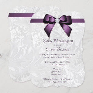 Posh Paarse Diamond Bow & Damask Sweet 16 Kaart