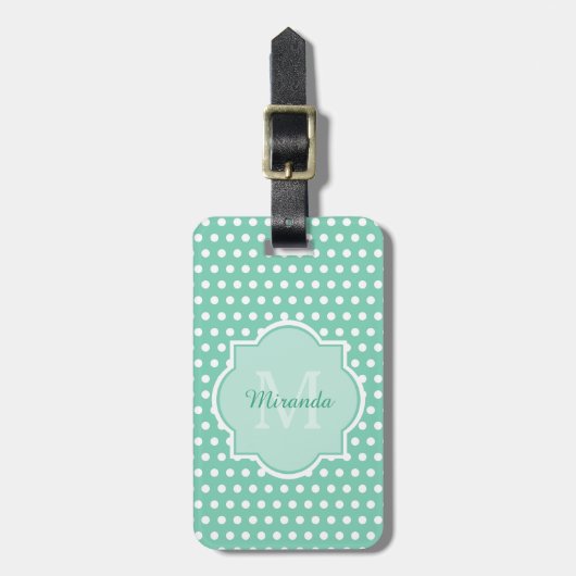 Posh Polka Dots Mint Green Monogram en Naam Bagagelabel (Voorkant verticaal)