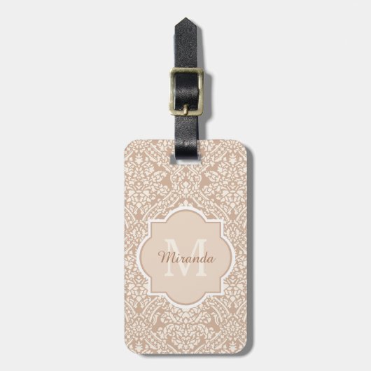 Posh Tan Damask Patroonmonogram met naam Bagagelabel (Voorkant verticaal)