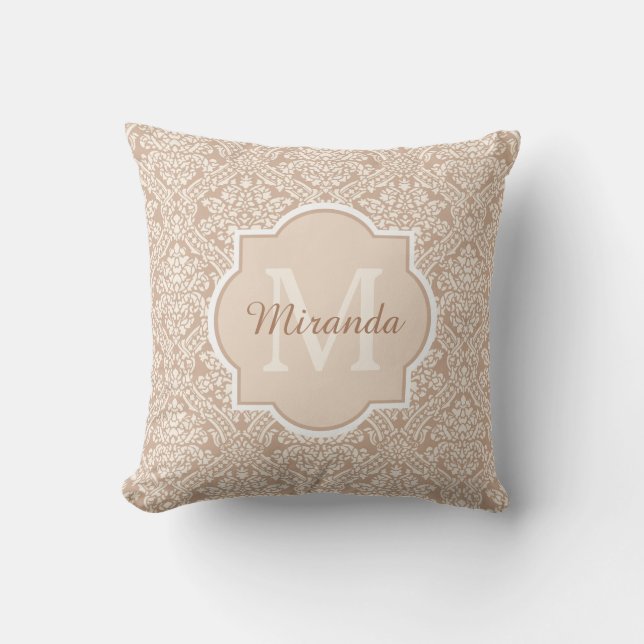 Posh Tan Damask Patroonmonogram met naam Kussen (Voorkant)