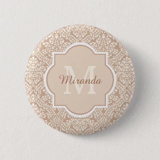 Posh Tan Damask Patroonmonogram met naam Ronde Button 5,7 Cm (Voorkant)