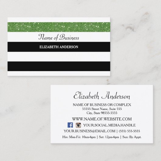 Posh Zwart en Witte Strepen Groene FAUX Glitz Visitekaartje (Voorkant / Achterkant)
