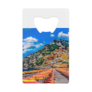 Positano Beach Italië Cliff Homes Amalfi Reizen Kredietkaart Flessenopener