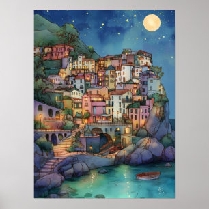 Positano, Italië – Coastal Village & Starry Sky Poster