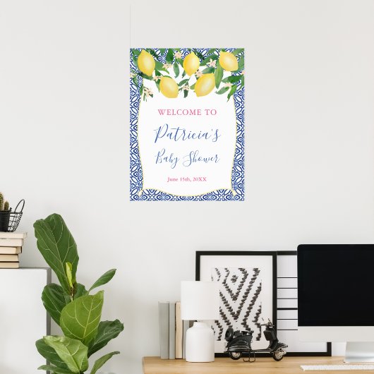 Positano Lemons Blue Pattern Tiles Shower Poster (Thuiskantoor)