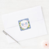 Positano Lemons Blue Tiles Pink Weddenschap Monogr Vierkante Sticker (Envelop)