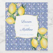 Positano Lemons Blue White Tiles Wedding Reception Wijn Etiket (Enkel label)