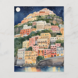 Positano Night, Italië, Waterverf Italiaanse kust Briefkaart