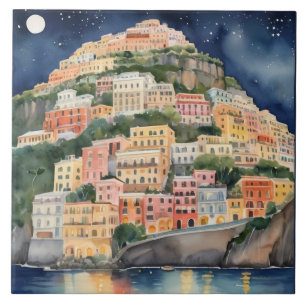 Positano Night, Italië, Waterverf Italiaanse kust Tegeltje